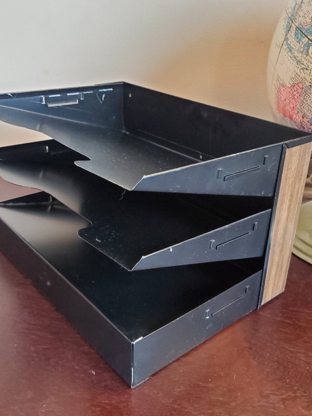 Vintage Metal Desk Organizer - Black with Wood Grain